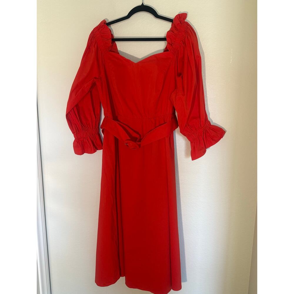 ELOQUII Hot Orange Sweetheart Neck Puff Sleeve Belted Midi Dress Plus Size 16 - Picture 2 of 7